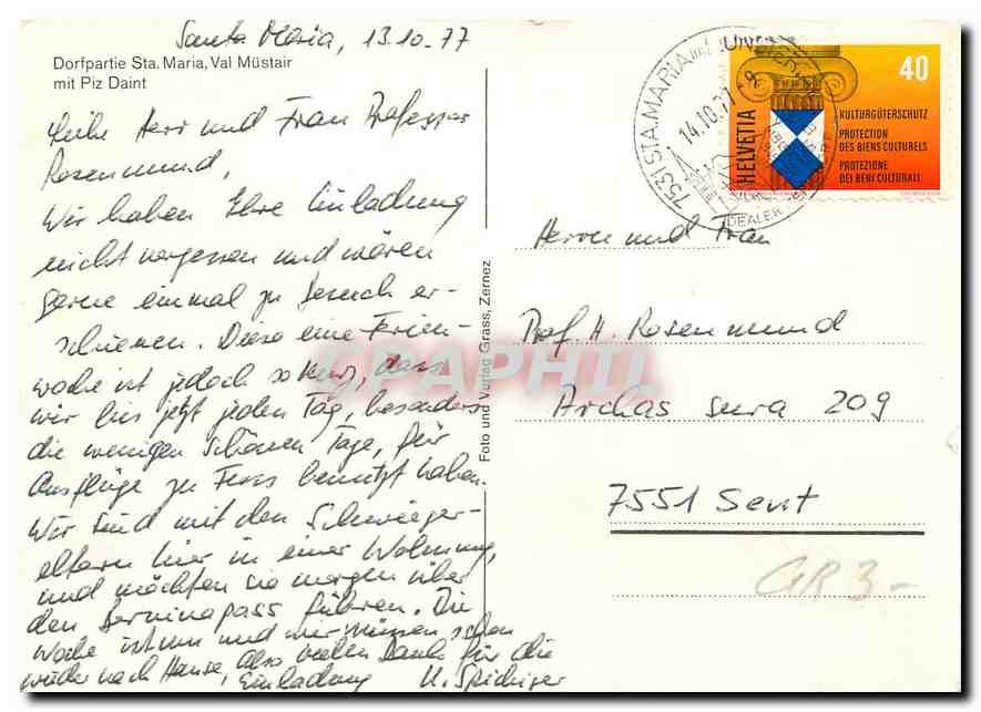 CPM Dorfpartie Sta Maria Val Mustair mit Piz Daint  — Rückseite