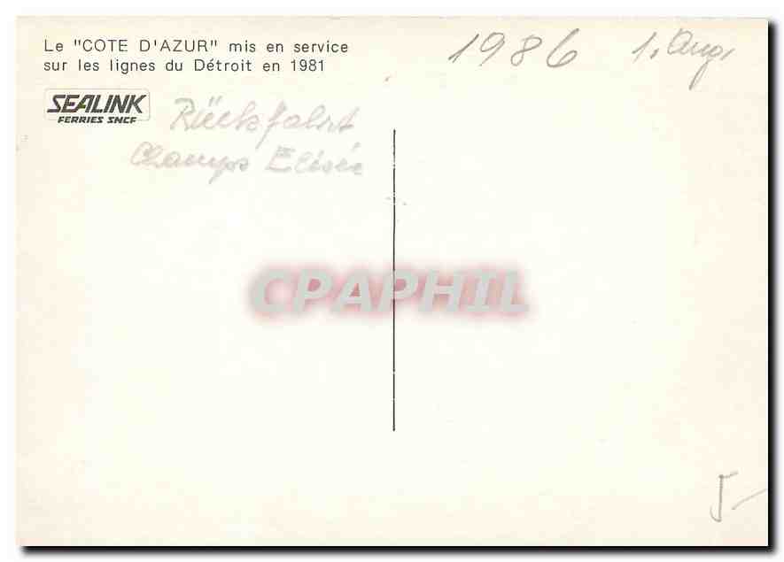 CPM Le Cote d'Azur mis en service sur les lignes du Detroit en 1981 Sealink Ferries Sealink — Rückseite