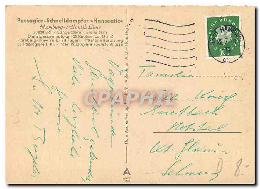 CPM Hamburg Atlantik Linie Hanseatic  — Rückseite