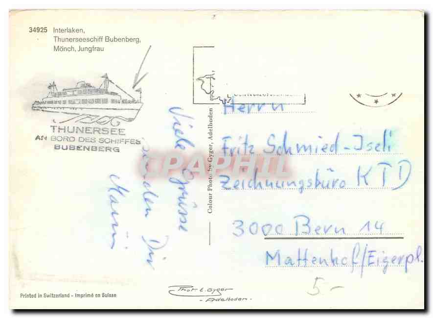 CPM Interlaken Thunerseeschiff Bubenberg Monch Jungfrau  — Rückseite