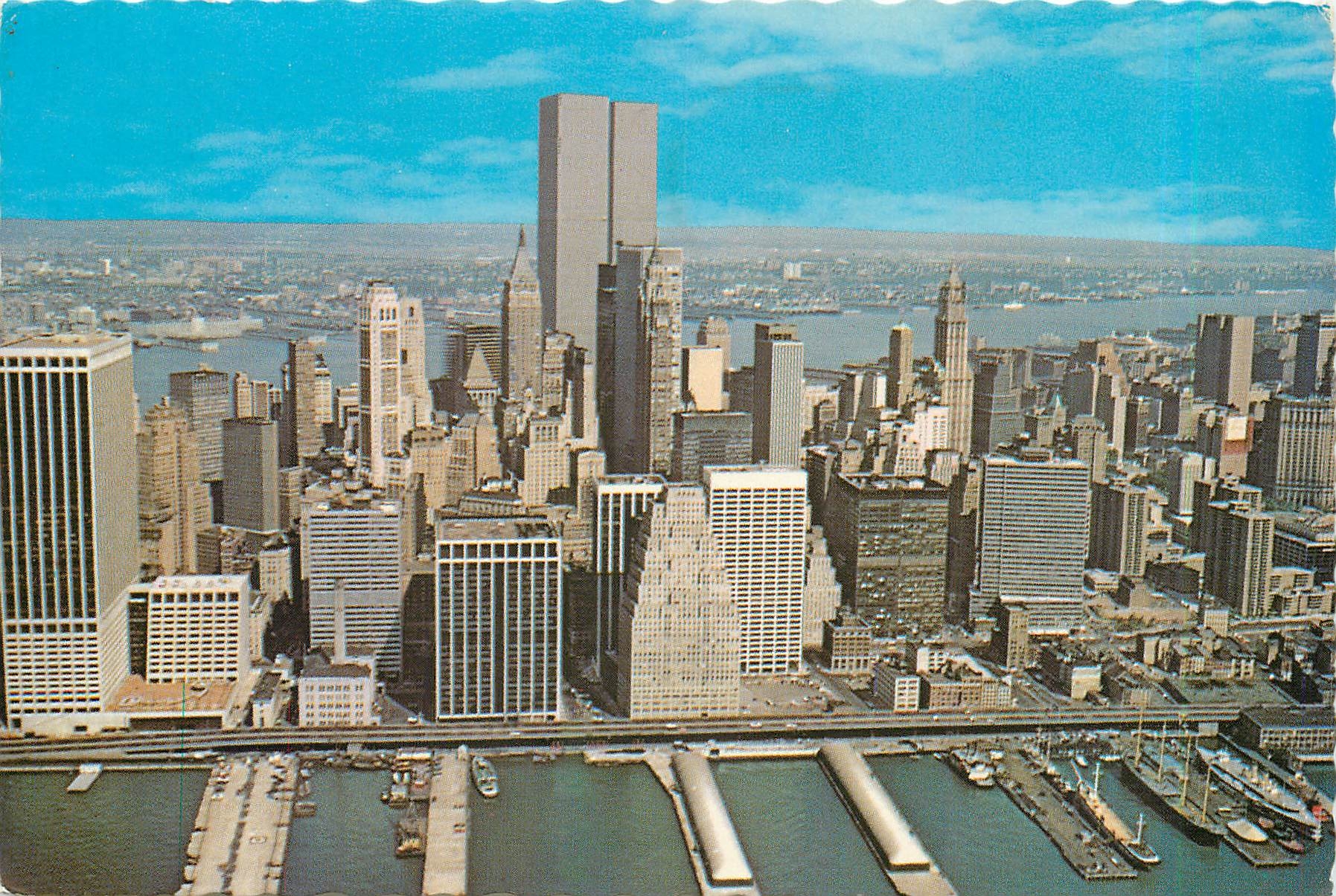 CPM Aerial view of the lower Manhattan Skyline showing the East River and the World Trade Center 