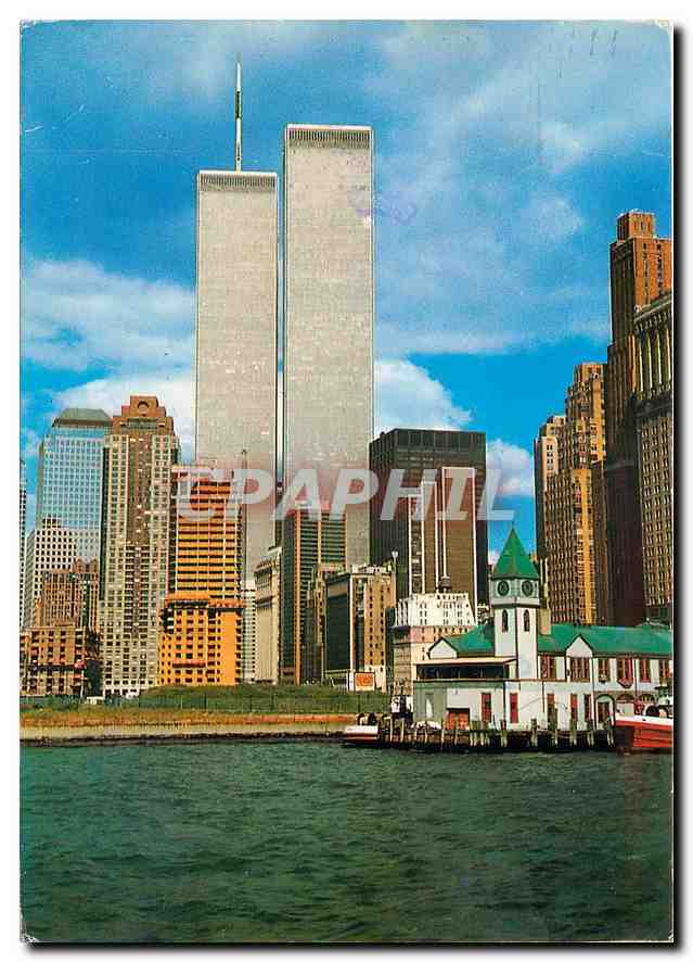 CPM The Twin Towers of the World Trade Center with Battery Park City in the foreground New York City