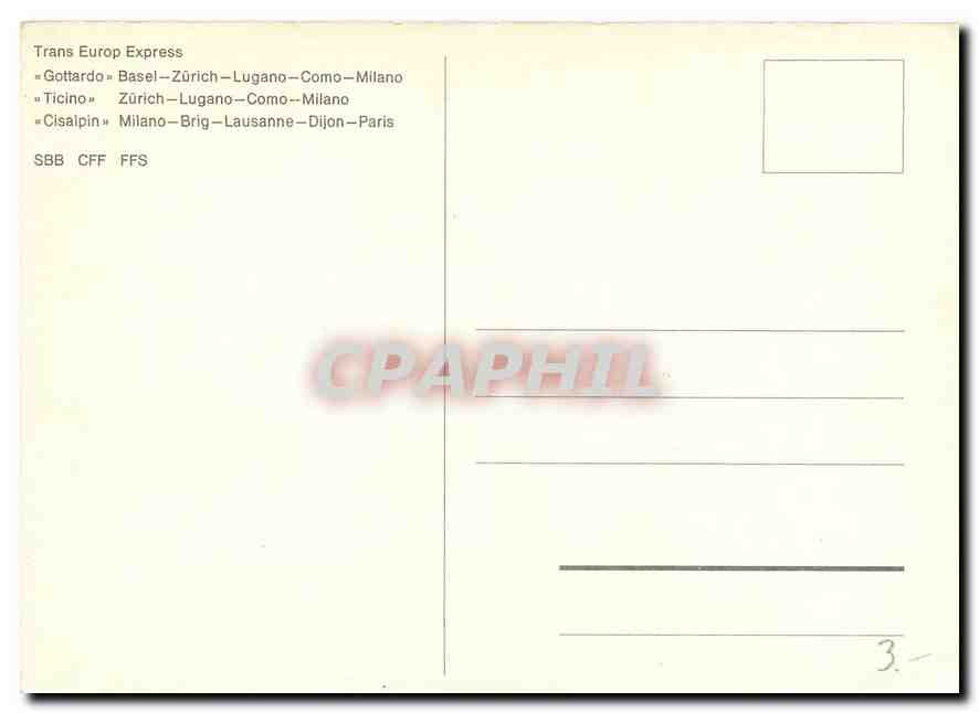 CPM Trans Europ Express Gottardo Basel Zurich Lugano Como Milano Ticino Zurich Lugano Como Milano Ci — Rückseite