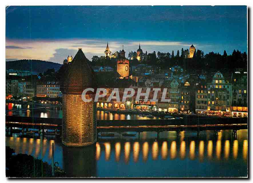 CPM Luzern Pont de la Chapelle et vieille cite la nuit 