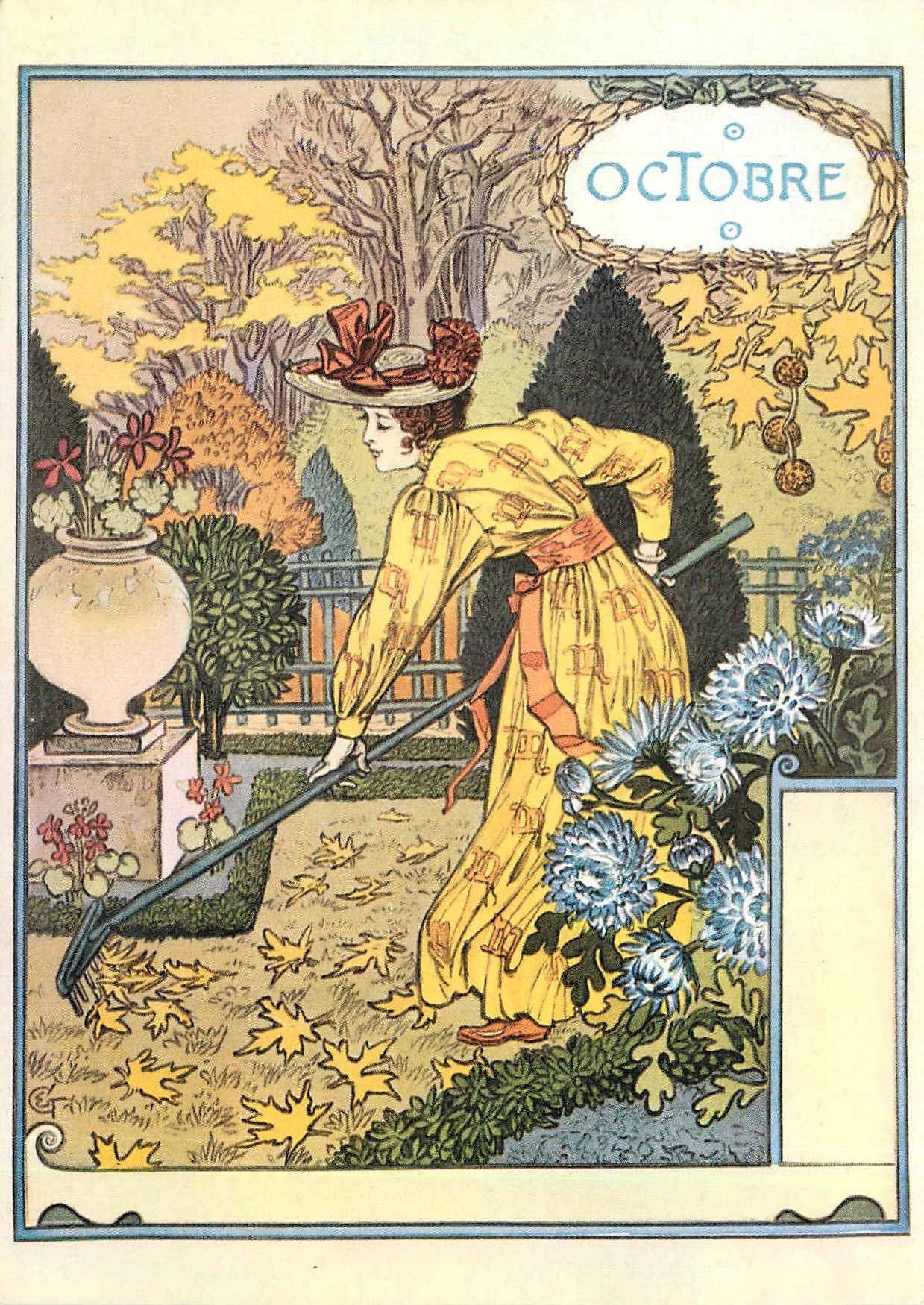 Octobre — femme balayant les feuilles — Eugène Grasset, série « La Belle Jardinière »