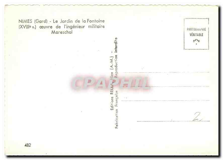 Nîmes (Gard) - Le Jardin de la Fontaine — œuvre de l'ingénieur militaire Mareschal — Éditions Rella — Rückseite
