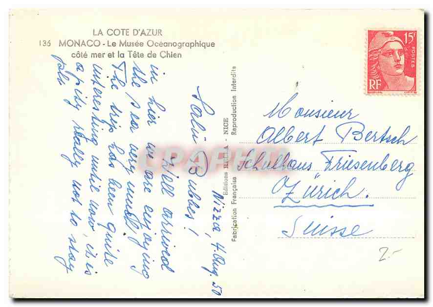 CPM Monaco Le Musee Oceanographique cote mer et la Tete de Chien  — Rückseite