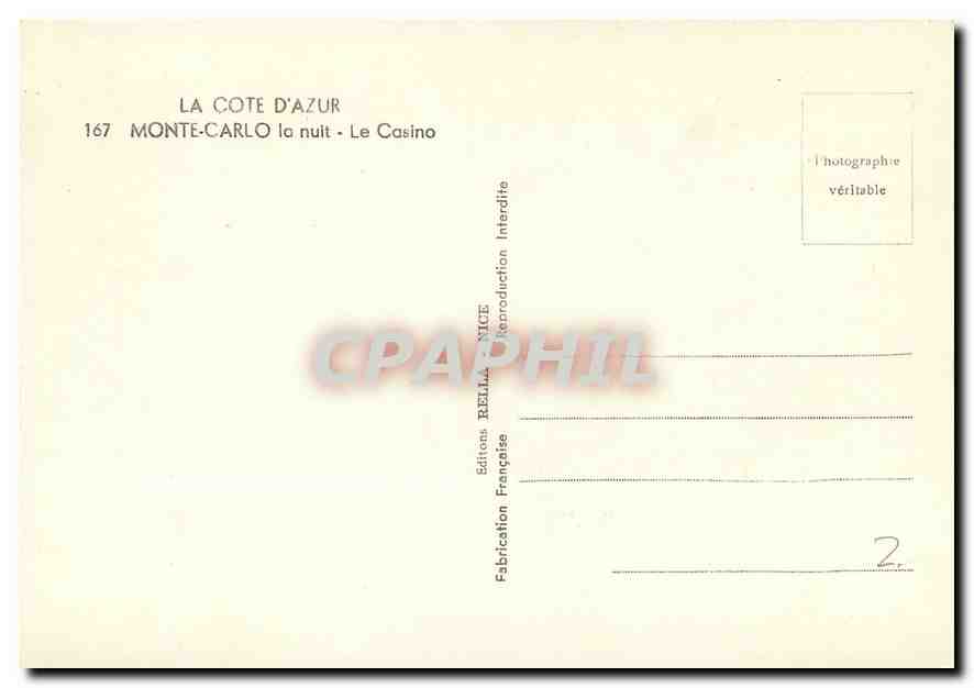 CPM La Cote d'Azur Monte Carlo la nuit Le Casino  — Rückseite