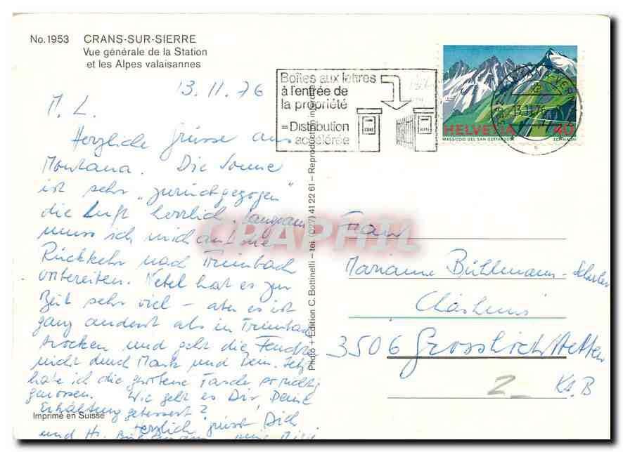 CPM Crans sur Sierre Vue generale de la Station et les Alpes valaisannes  — Rückseite
