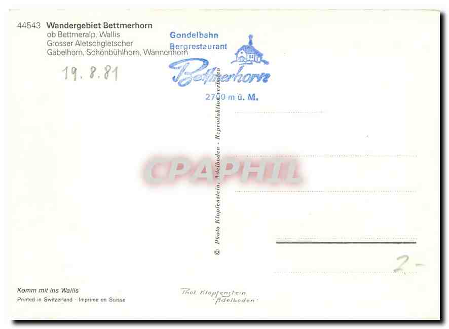 CPM Wandergebiet Bettmeherhorn ob Bettmeralp Wallis  — Rückseite