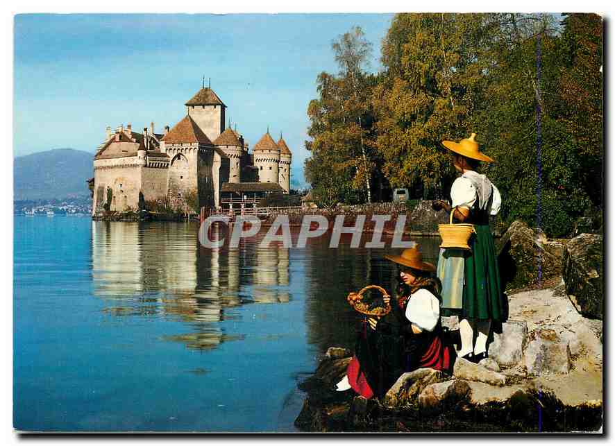 CPM Chateau de Chillon pres Montreux et dames en costume vaudois 