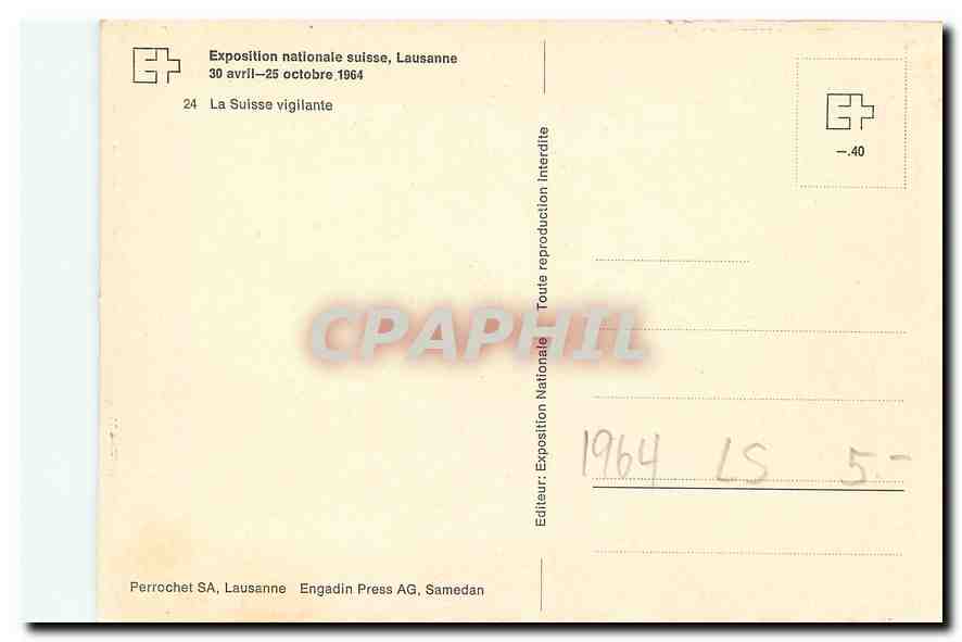 CPM Exposition nationale suisse Lausanne La Suisse vigilante  — Rückseite