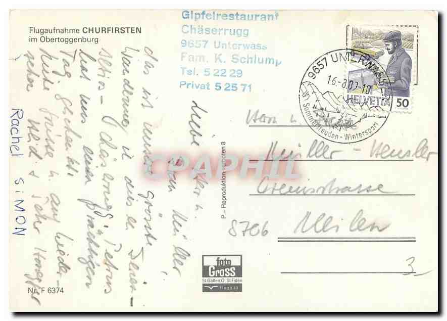 CPM Flugaufnahme Churfirsten im Obertoggenburg  — Rückseite