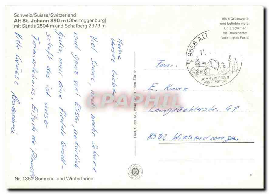 CPM Alt St Johann Obertoggenburg mit Santis  — Rückseite
