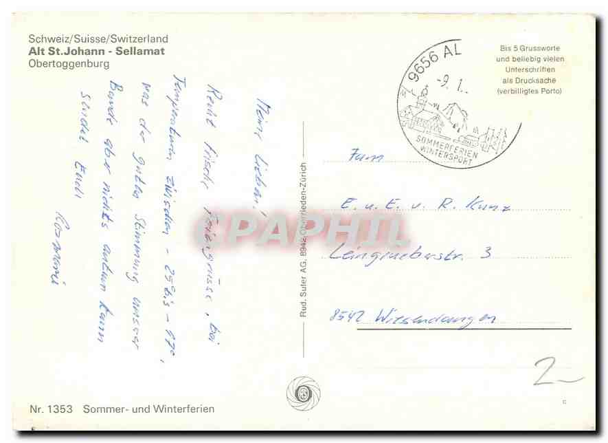 CPM Alt St Johann Sellamatt Obertoggenburg  — Rückseite