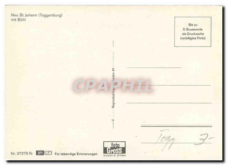 CPM Neu St Johann Toggenburg mit Buhl  — Rückseite