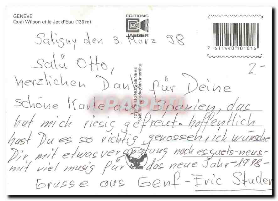 CPM Geneve Quai Wilson et le Jet d'eau  — Verso