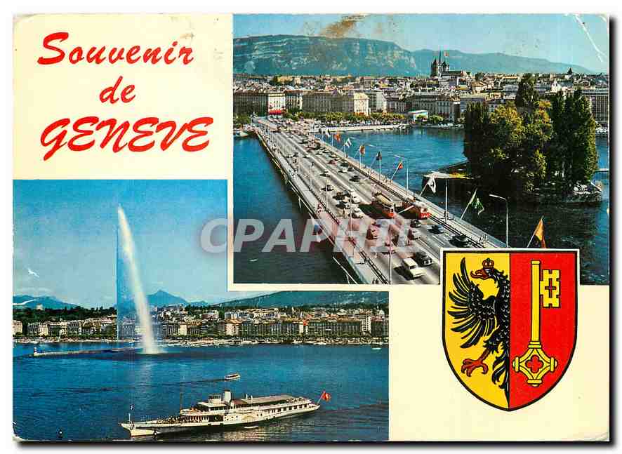 CPM Souvenir de Geneve Le jet d'eau Le pont du Mont Blanc 