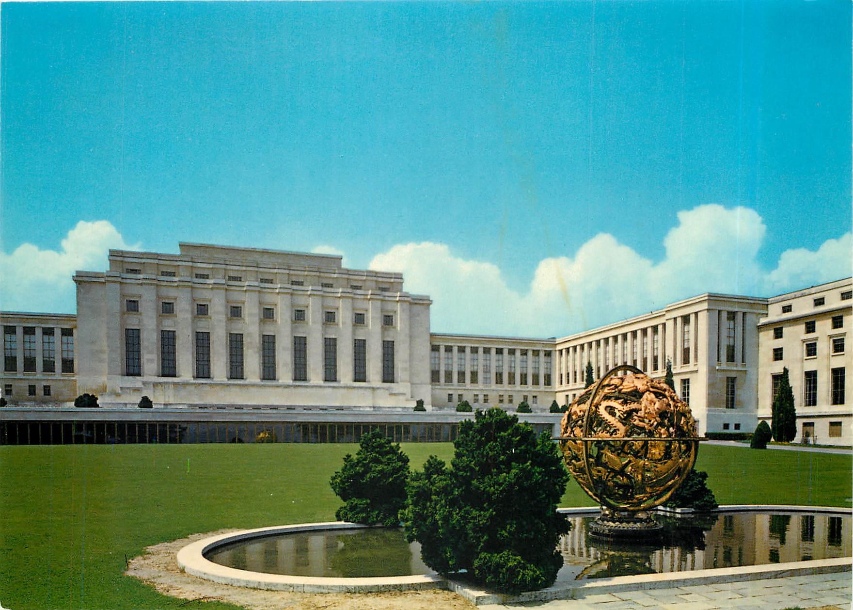 CPM Geneve Palais de l'onu et la sphere Armillaire offerte par la fondation Woodrow Wilson 