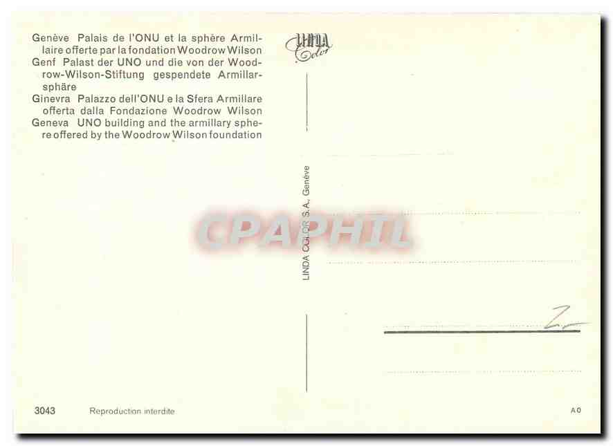 CPM Geneve Palais de l'onu et la sphere Armillaire offerte par la fondation Woodrow Wilson  — Verso