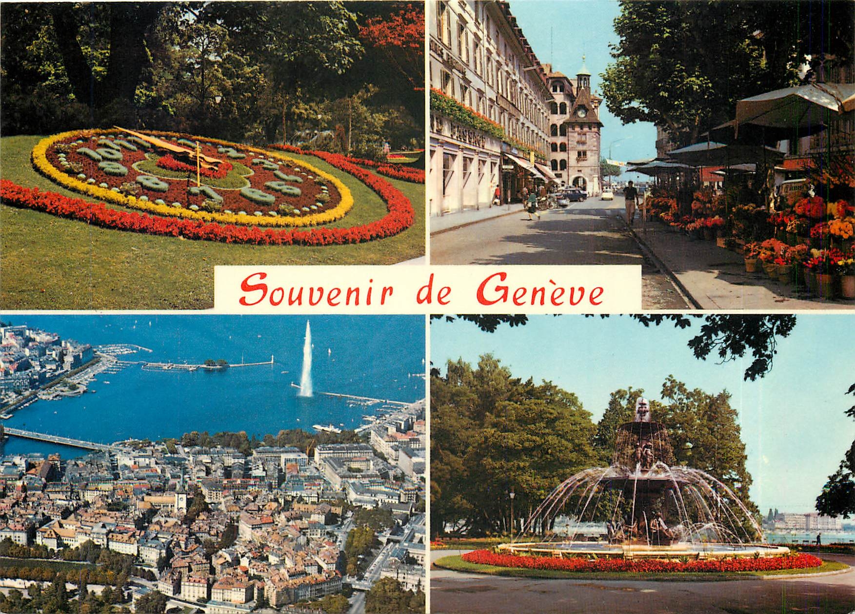 CPM Souvenir de Geneve L'horloge au printemps Place du Molard Vue aerienne La fontaine du jardin ang