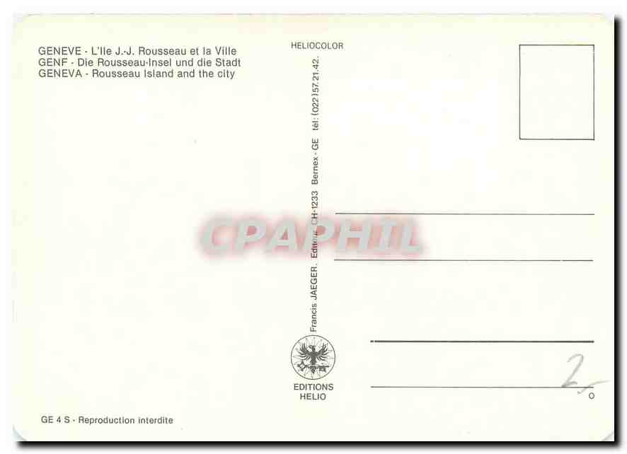 CPM Geneve L'lle JJ Rousseau et la Ville  — Verso
