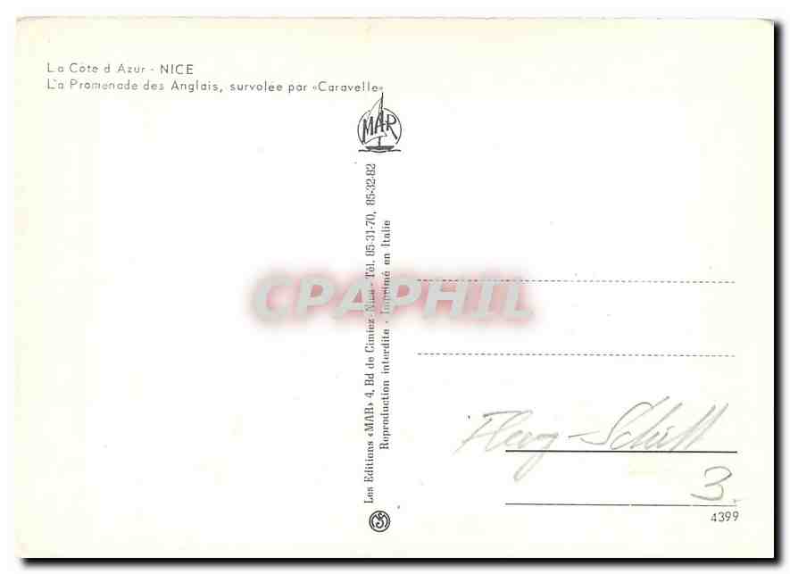 CPM La Cote d'Azur Nice La Promenade des Anglais survolee par Caravelle  — Rückseite