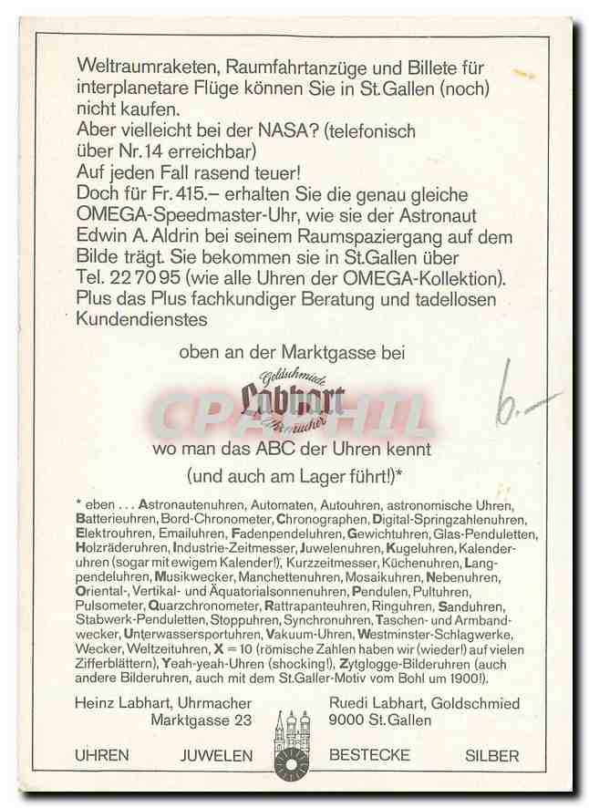 CPM Omega Speedmaster Uhr Weltraumraketen Raumfahrtanzuge und Billete fur interplanetare Fluge Konne — Rückseite