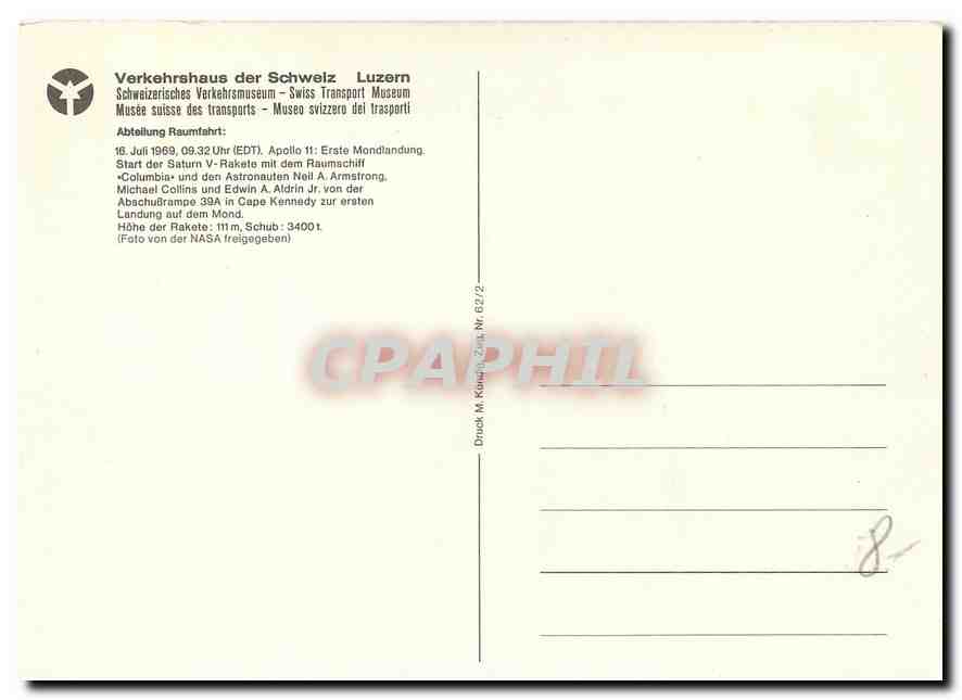 CPM Apollo 11 Verkehrshaus der Schweiz Luzern  — Rückseite