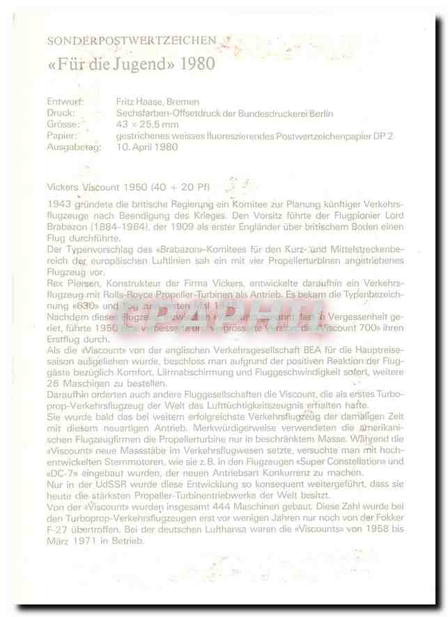 CPM Vickers Viscount 1950 Deutsche Bundespost Berlin fur die Jugend  — Rückseite