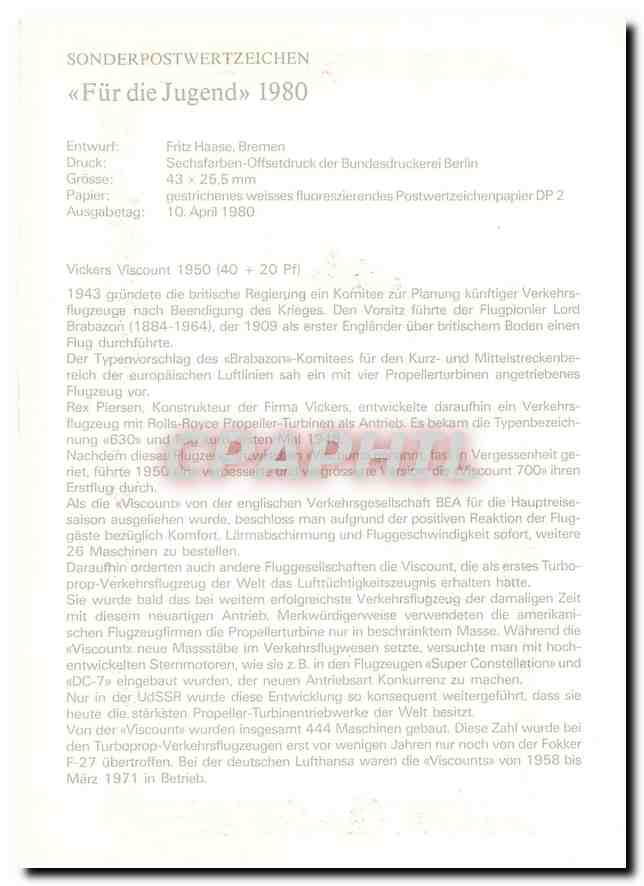 CPM Vickers Viscount 1950 Deutsche Bundespost fur die Jugend  — Rückseite