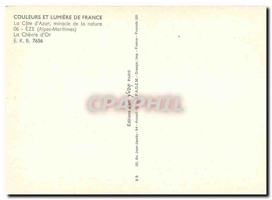 CPM La Cote d'Azur miracle de la nature Eze Alpes Maritimes La Chevre d'Or  — Rückseite