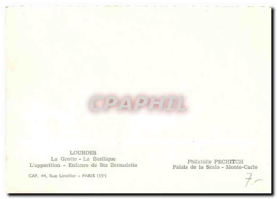 CPM Lourdes La Grotte La Basilique l'Apparition Enfance de Ste Bernadette  — Verso