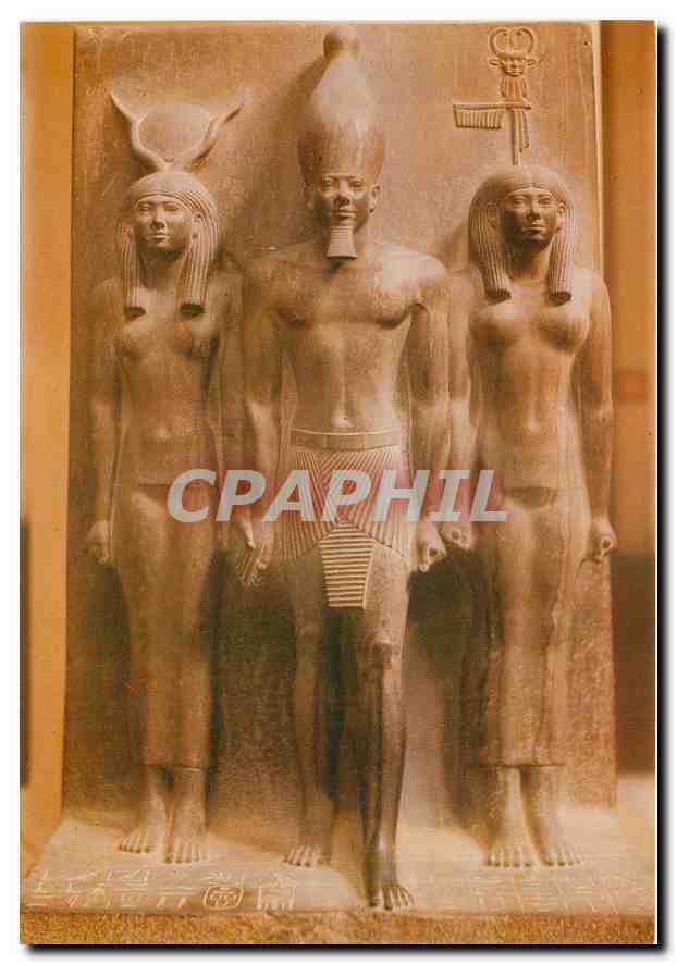 CPM Egyptian Museum Schist group representing King Mykerinos between Goddess Hathor and a local godd