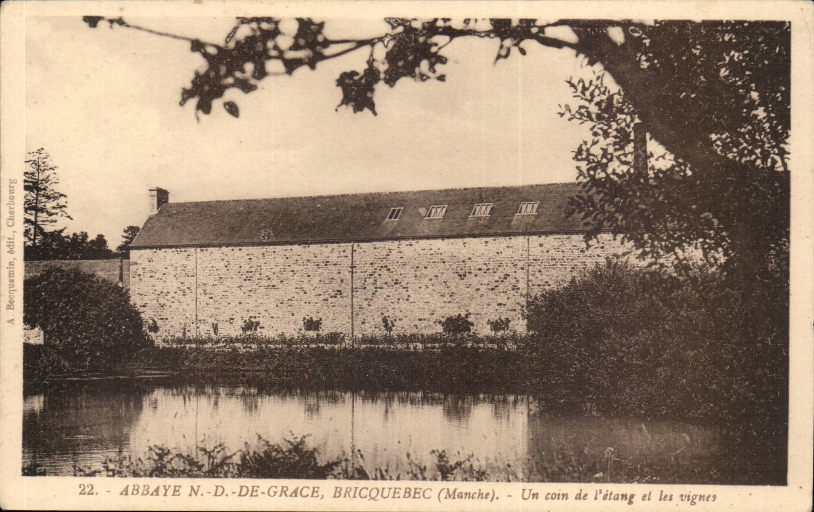 Abbaye N.-D.-de-Grâce, Bricquebec (Manche) — Un coin de l'étang et les vignes — A. Becquemin, Cherbourg, n°22