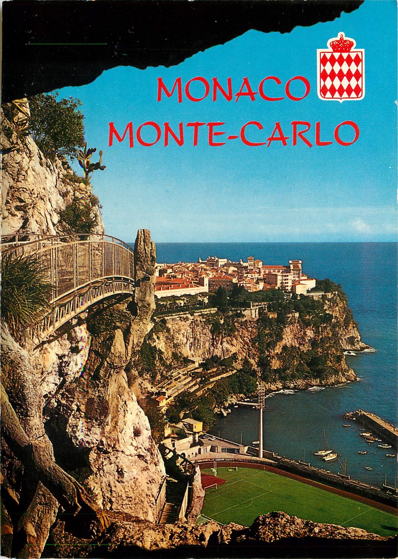 CPA Monaco Monte Carlo Principaute de Monaco Le Rocher et le Stade Louis II vue prise du Jardin Exot
