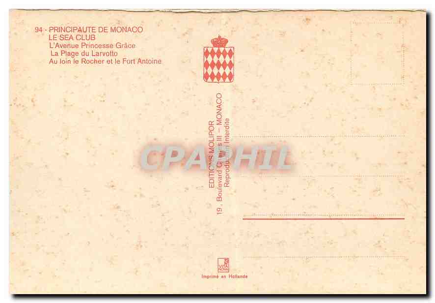 CPA Principaute de Monaco Le Sea Club L'avenue Princesse Grace  — Rückseite