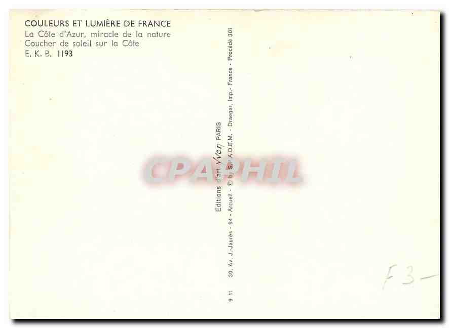 CPM La Cote d'Azur miracle de la nature Coucher de soleil sur la Cote  — Verso