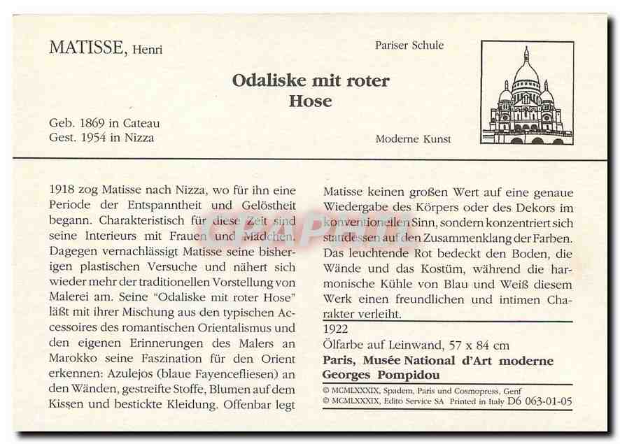 CPM Matisse Henri Odaliske mit roter Hose  — Rückseite