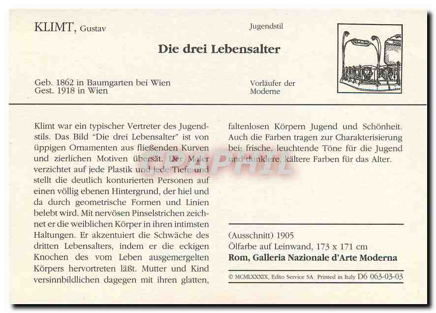 CPM Klimt Gustav Die drei Lebensalter  — Verso