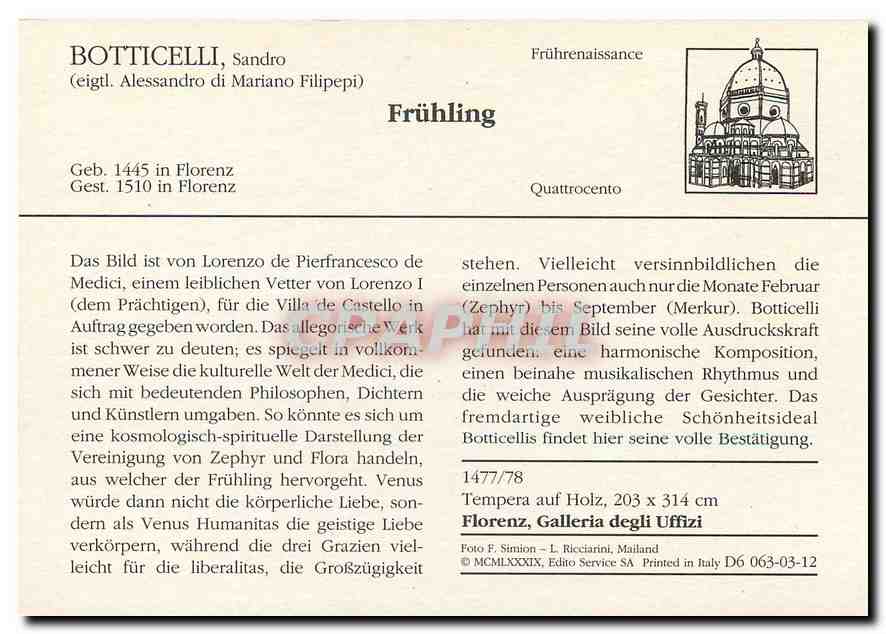 CPM Boticelli Sandro Fruhling  — Verso