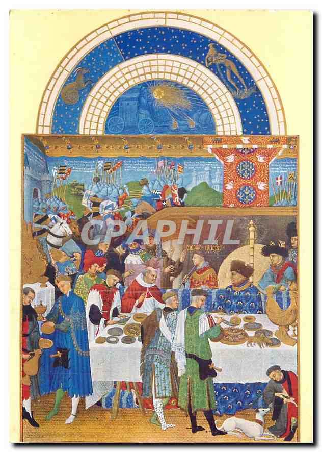 CPM Les tres riches heures du duc de Berry Janvier Le duc de Berry a table 