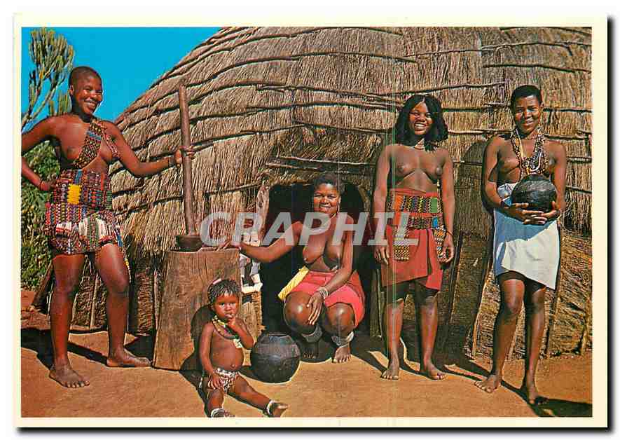 CPM Natal South Africa Beaded Zulus outside a typical round reed hut in the Scenic Valley of a Thous