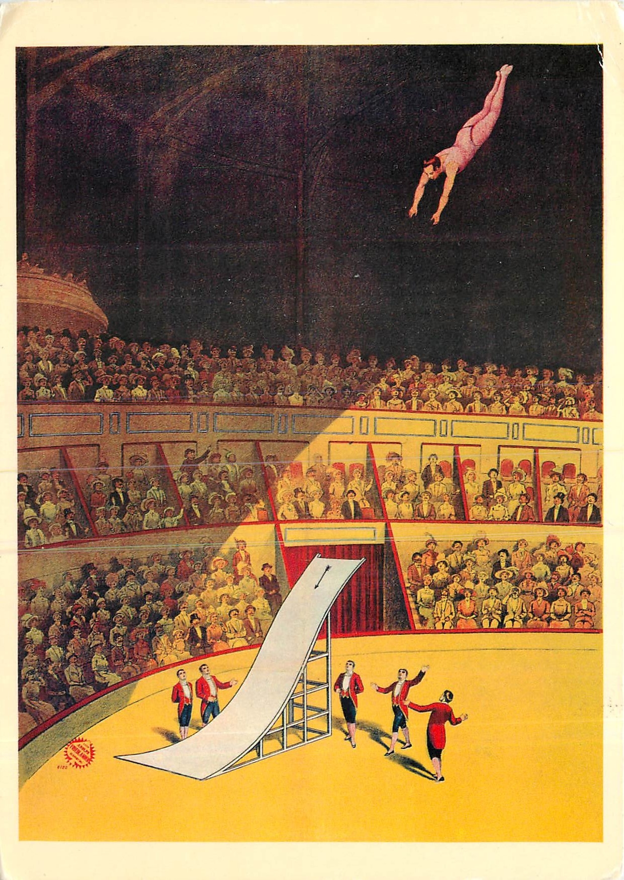CPA Bill Webb dans son saut de la mort du haut du chapiteau sur un plam de glissement pose sur la pi