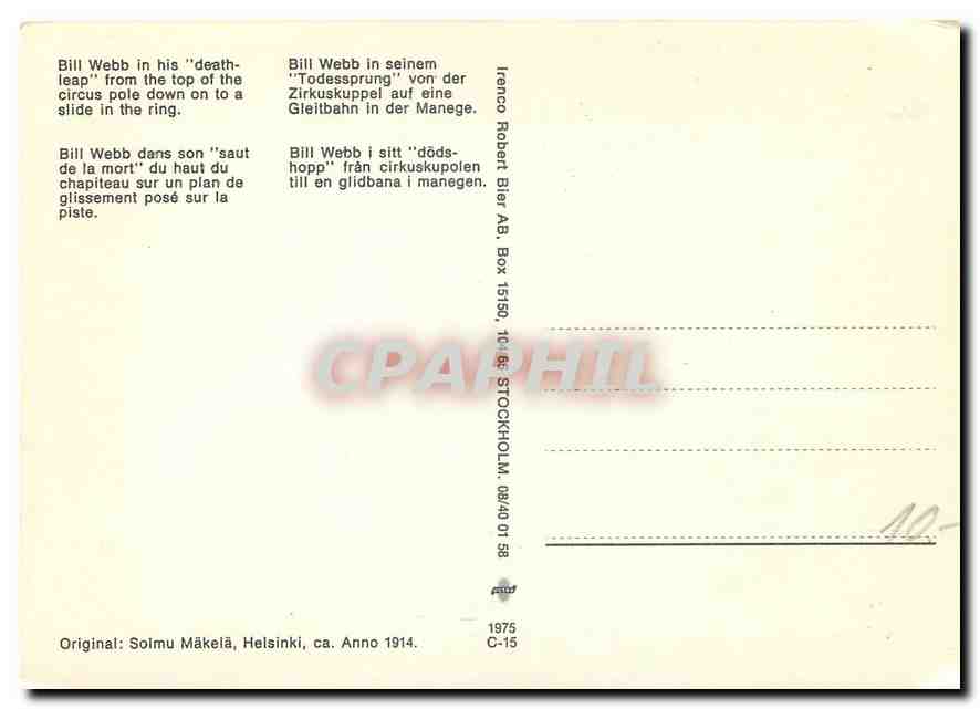 CPA Bill Webb dans son saut de la mort du haut du chapiteau sur un plam de glissement pose sur la pi — Rückseite