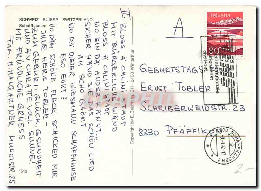 CPA Es herzlichs Gruezi us Schaffhausen  — Rückseite