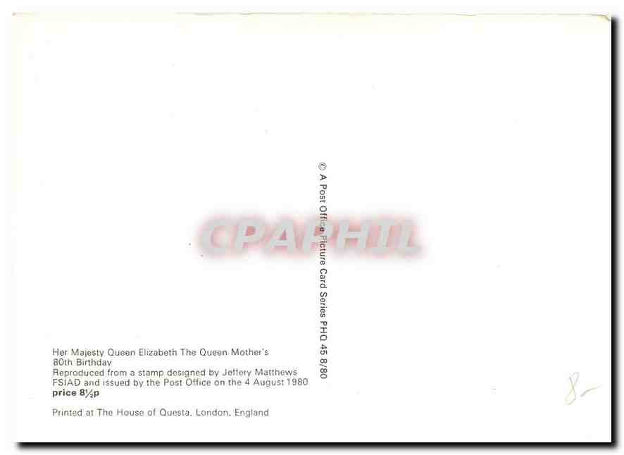 La Reine Mère — 80e anniversaire — Post Office, série PHO 45/80 — Verso