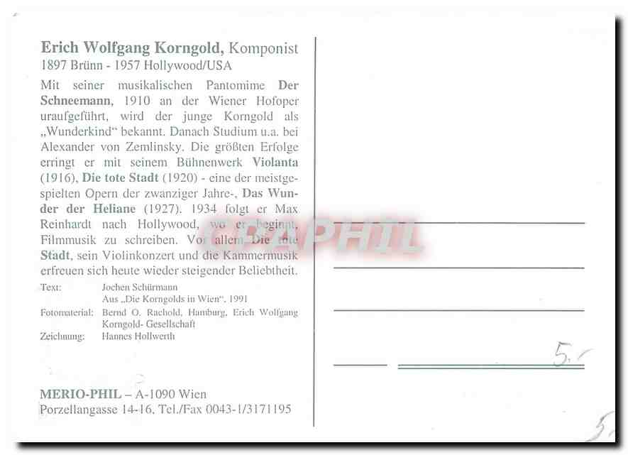 CPA Erich Wolfgang Korngold Komponist 1897 Brunn 1957 Hollywood USA  — Rückseite