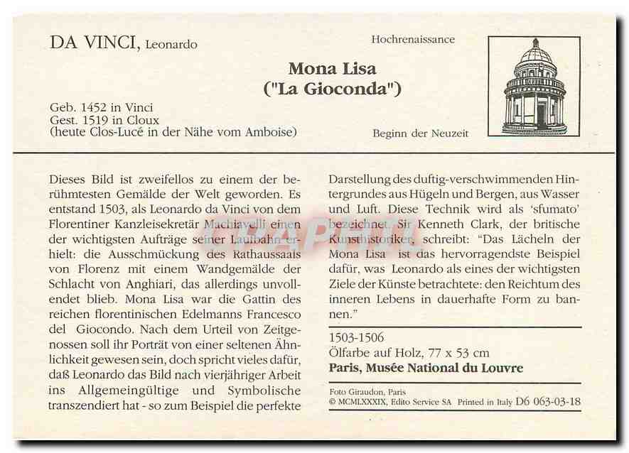 CPA Da Vinci Leonardo Mona Lisa La Gioconda  — Verso