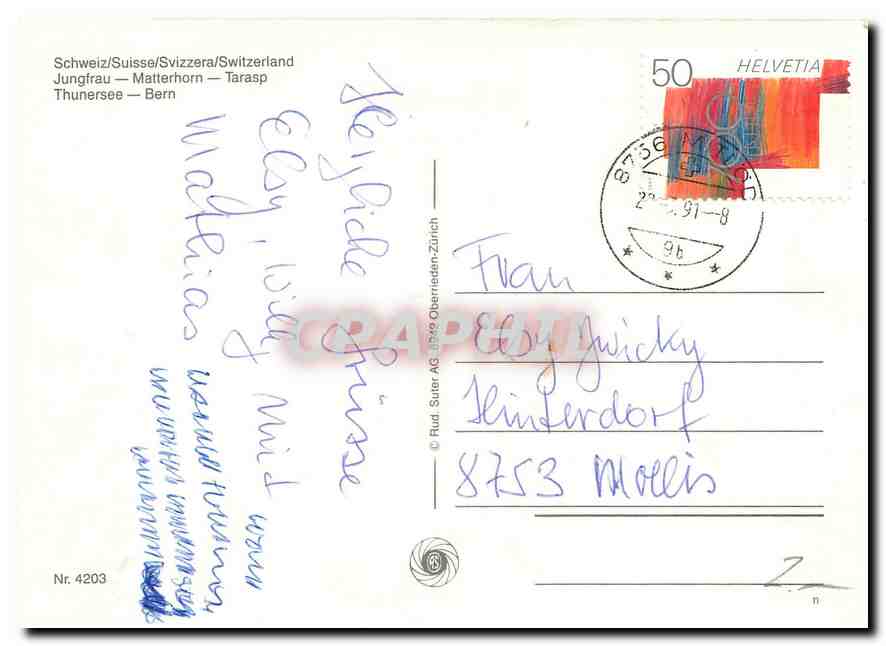 CPA Switzerland Jungfrau Matterhorn Tarasp Thunersee Bern  — Rückseite